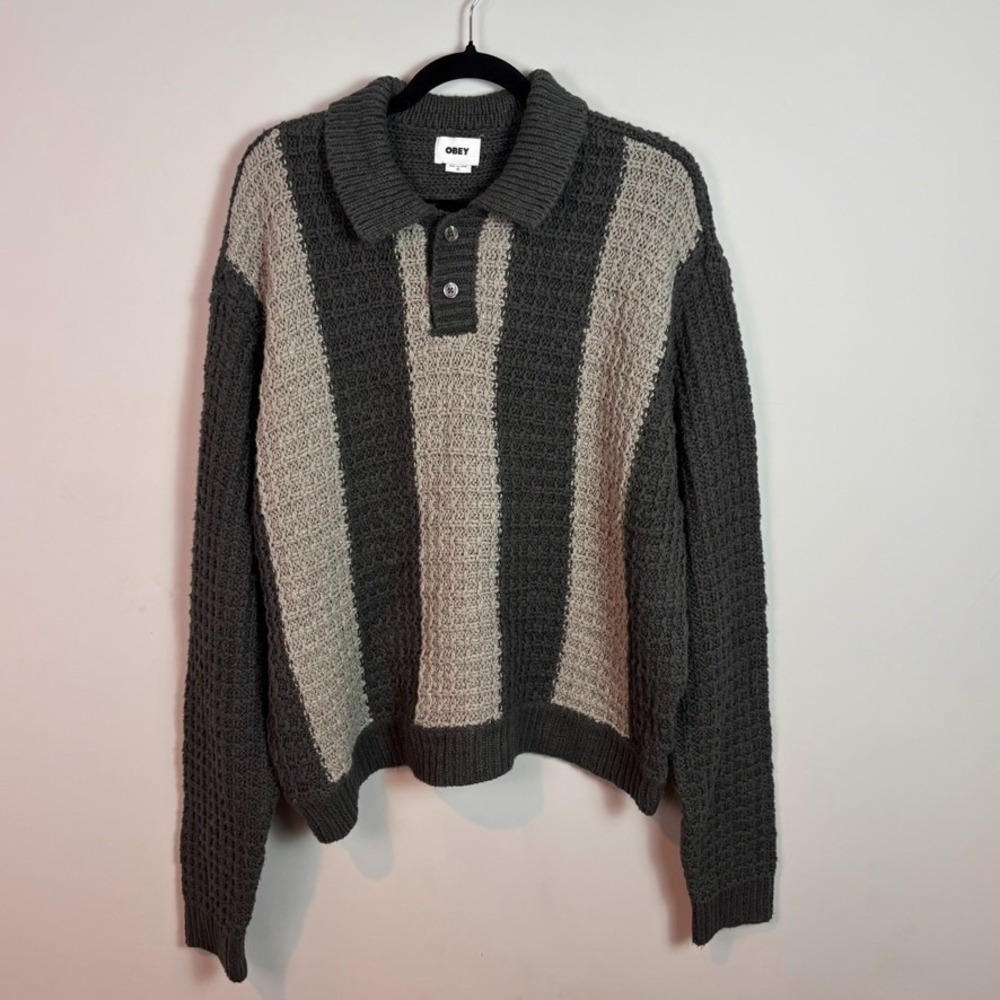 OBEY Mens Textured Rugby Polo Chunky Knit Grey Sweater 100% Cotton XL streetwear